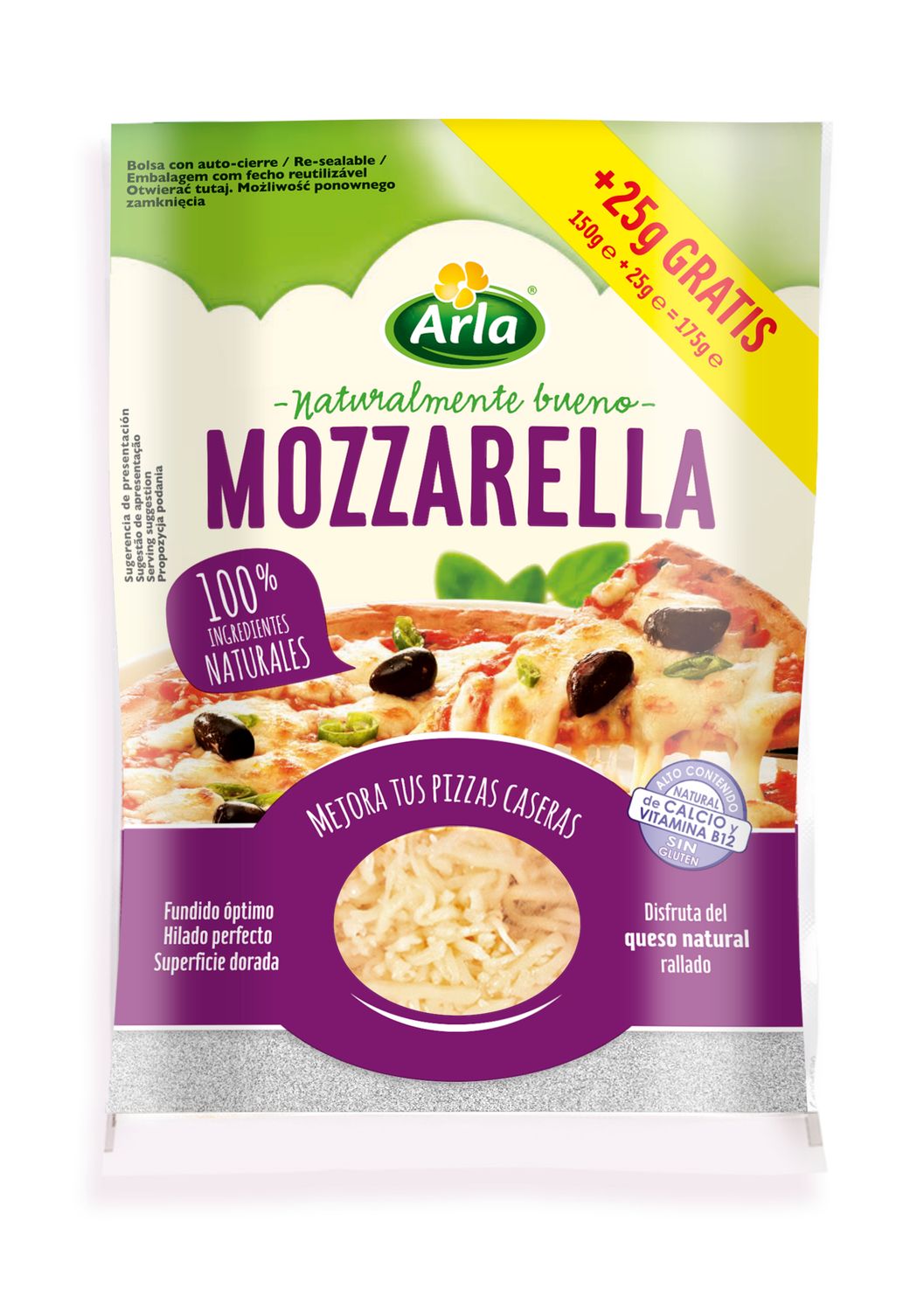 Queso rallado mozzarella sin gluten ARLA 175 g.