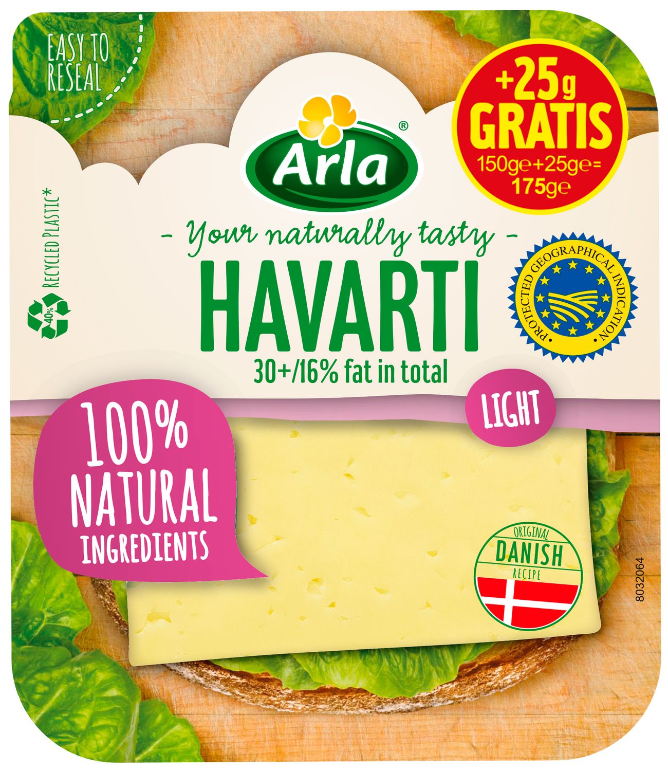 Queso en lonchas havarti light 16% fat in total ARLA 175 g.