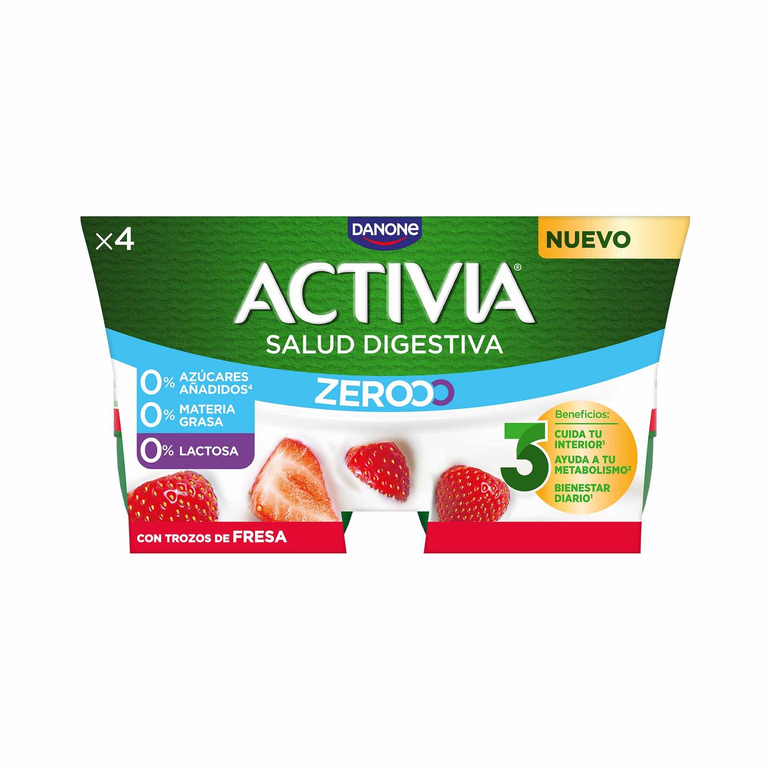 Yogur activia desnatado 0% con trozos de fresa DANONE 4 x 120 g.