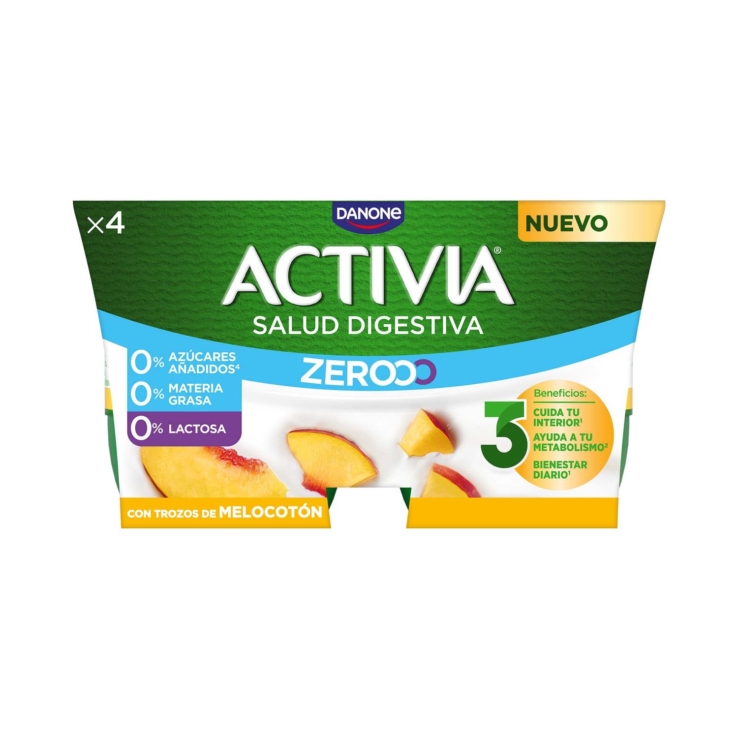 Yogur activia triple 0% con pedazos de melocotón DANONE 4 x 120 g.