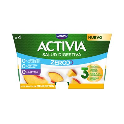 Yogur activia triple 0% con pedazos de melocotón DANONE 4 x 120 g.