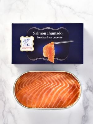 Salmón ahumado lonchas finas en aceite AHUMADOS DOMINGUEZ 190 g.