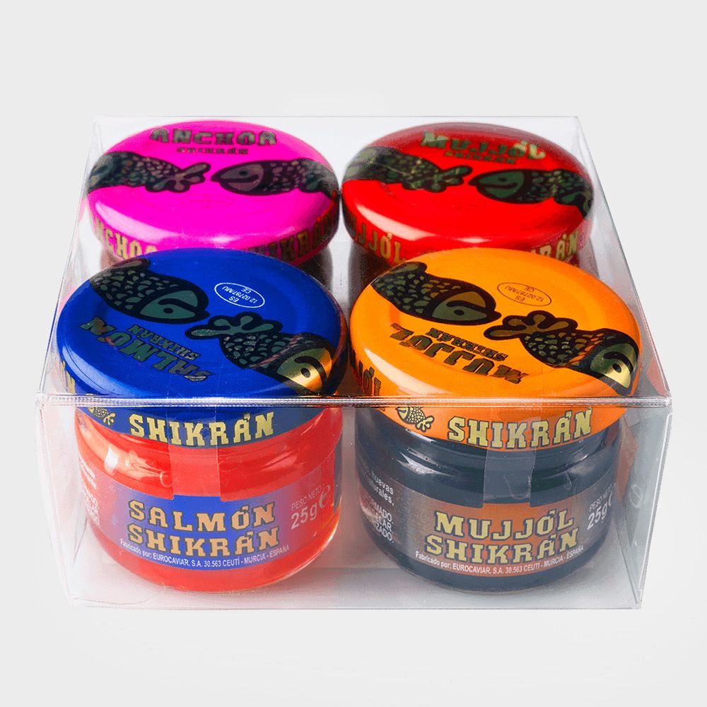 Salmón, anchoa, arenque y mújol en esferas SHIKRAN 4x25 g.