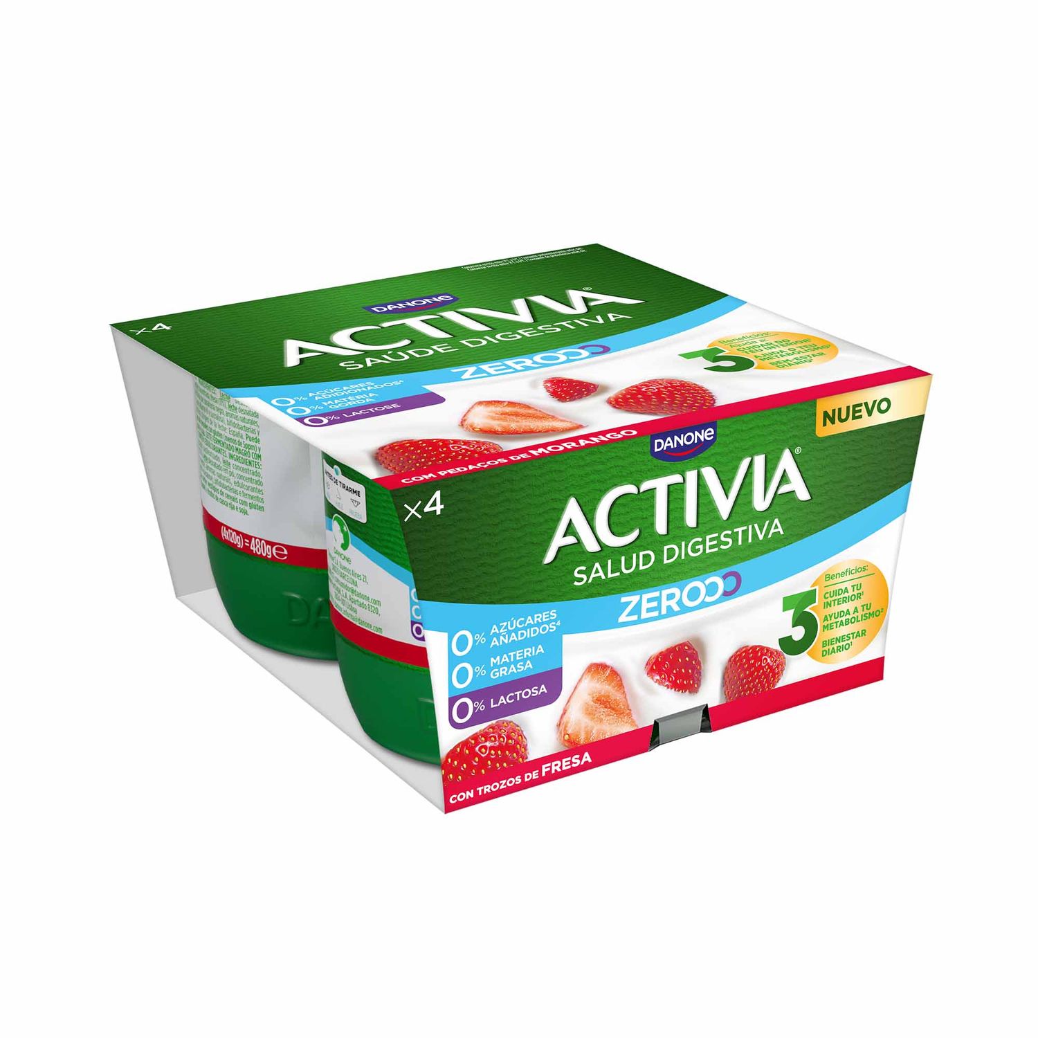 Yogur activia triple 0% con pedazos de melocotón DANONE 4 x 120 g.