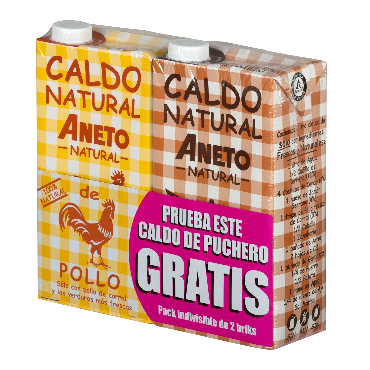 Caldo de pollo + Caldo de puchero ANETO Pack 2 lt.