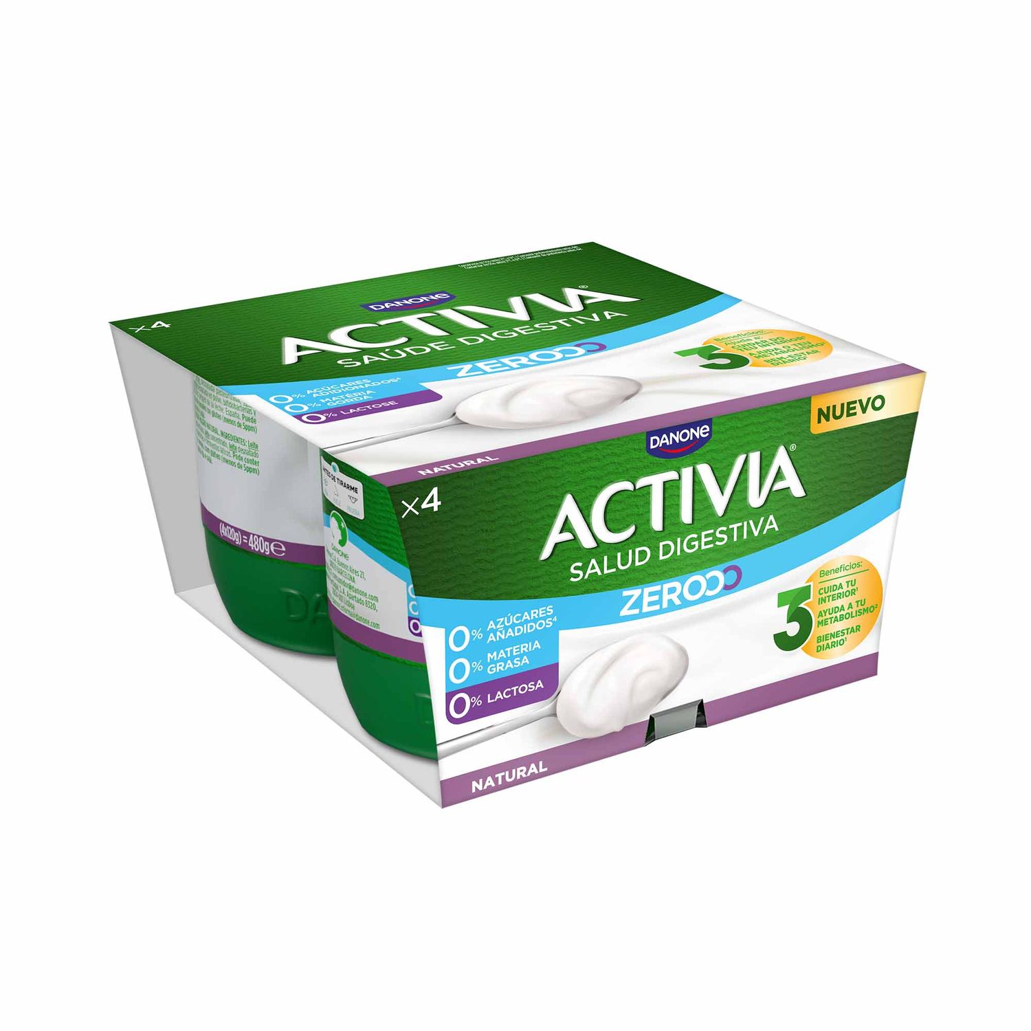 Yogur activia triple zero natural  DANONE 4 X 120 g.