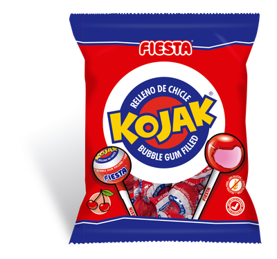 Caramelo con palo relleno de chicle sabor cereza Kojak de FIESTA 105 g. 7 ud.