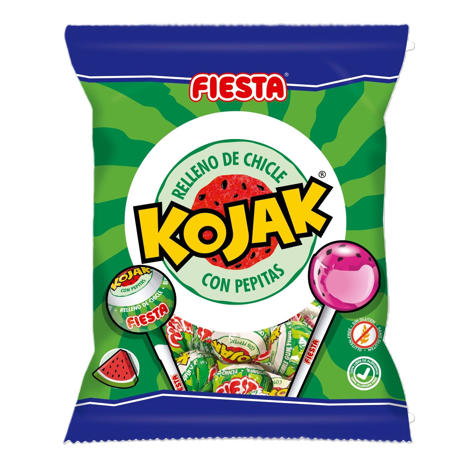 Caramelo con palo relleno de chicle sabor sandía con pepitas Kojak de FIESTA 105 g. 7 ud.