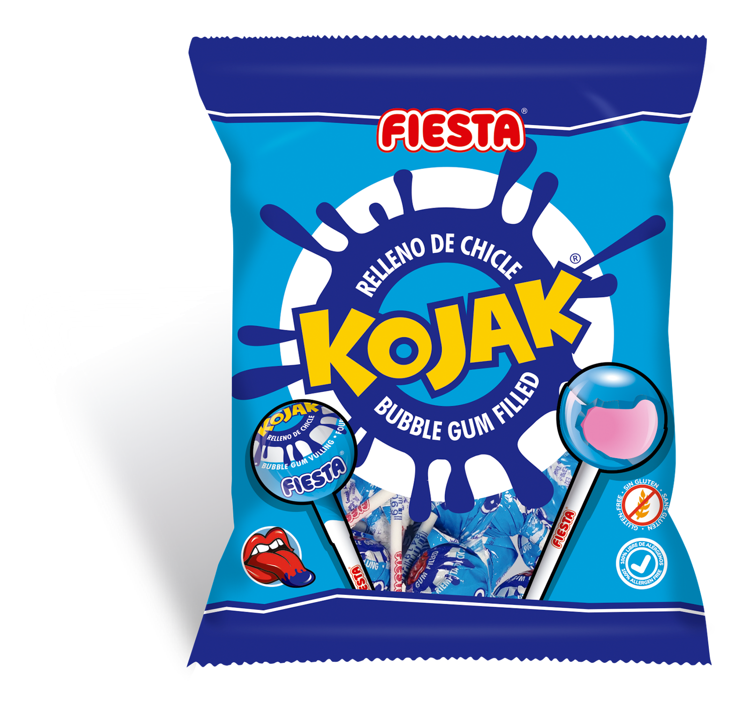 Caramelo con palo relleno de chicle sabor mora pintalenguas Kojak de FIESTA 105 g. 7 ud.