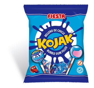 Caramelo con palo relleno de chicle sabor mora pintalenguas Kojak de FIESTA 105 g. 7 ud.