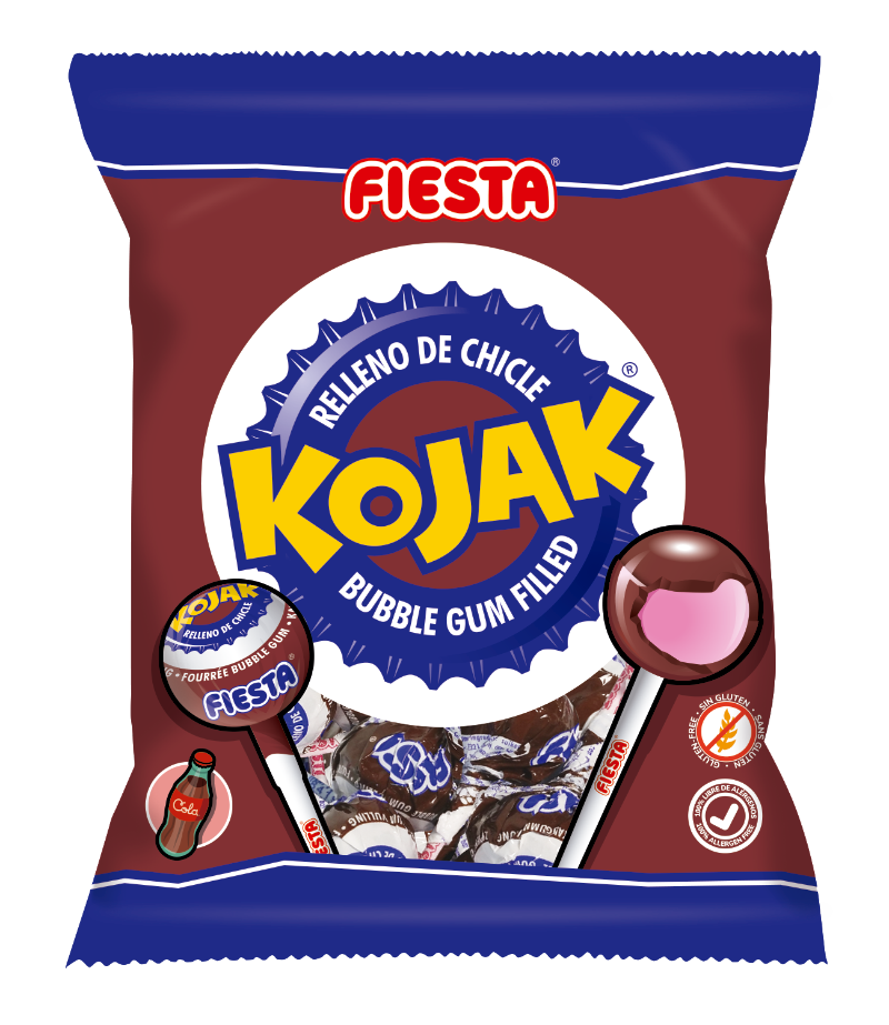 Caramelo con palo relleno de chicle sabor cola Kojak de FIESTA 105 g. 7 ud.