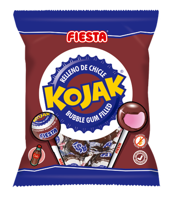 Caramelo con palo relleno de chicle sabor cola Kojak de FIESTA 105 g. 7 ud.