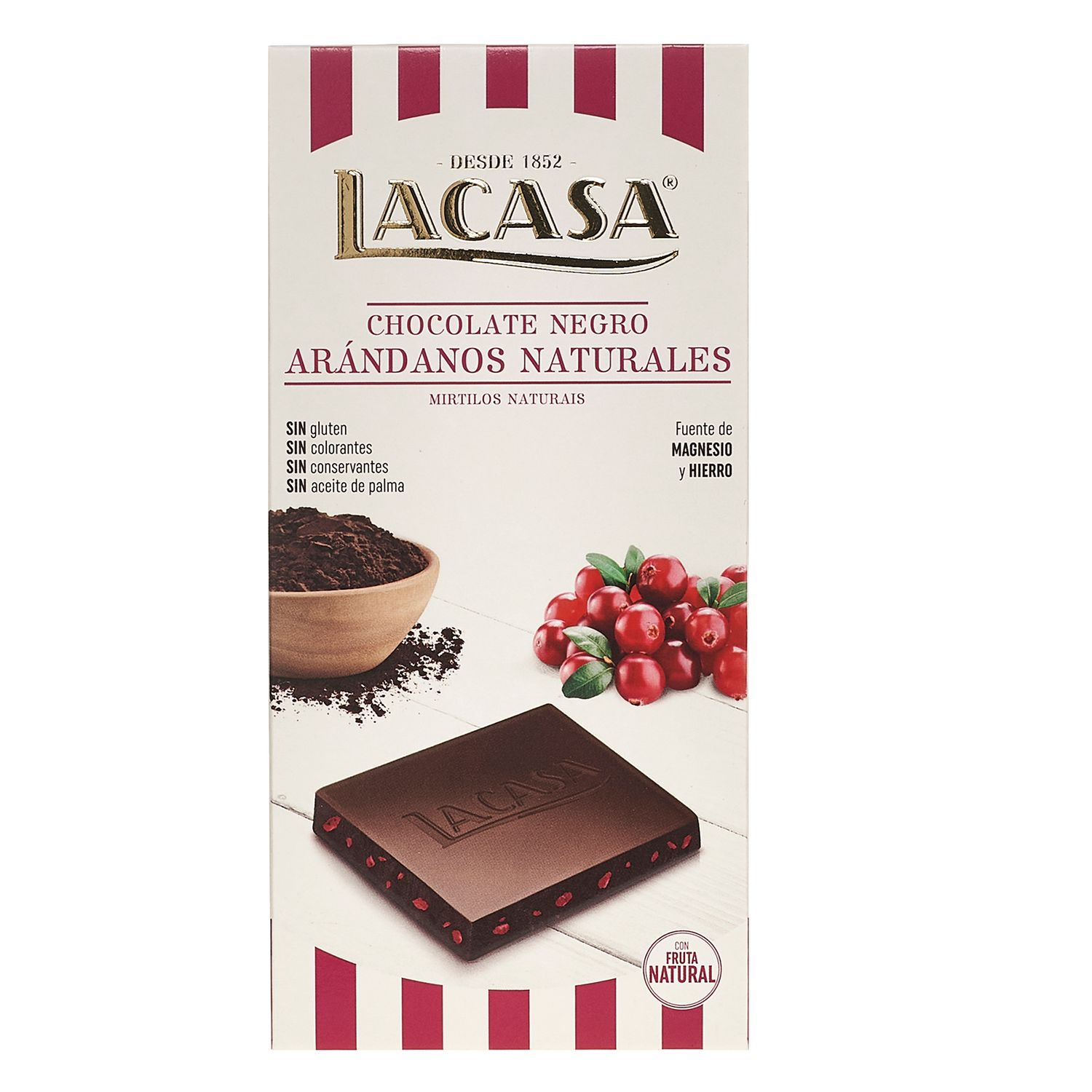 Tableta de chocolate y arándanos naturales LACASA 100 g.