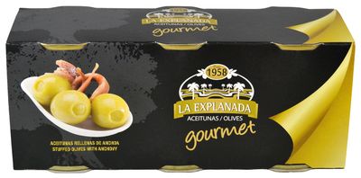 Aceitunas rellenas de anchoa LA EXPLANADA 3x120 g.