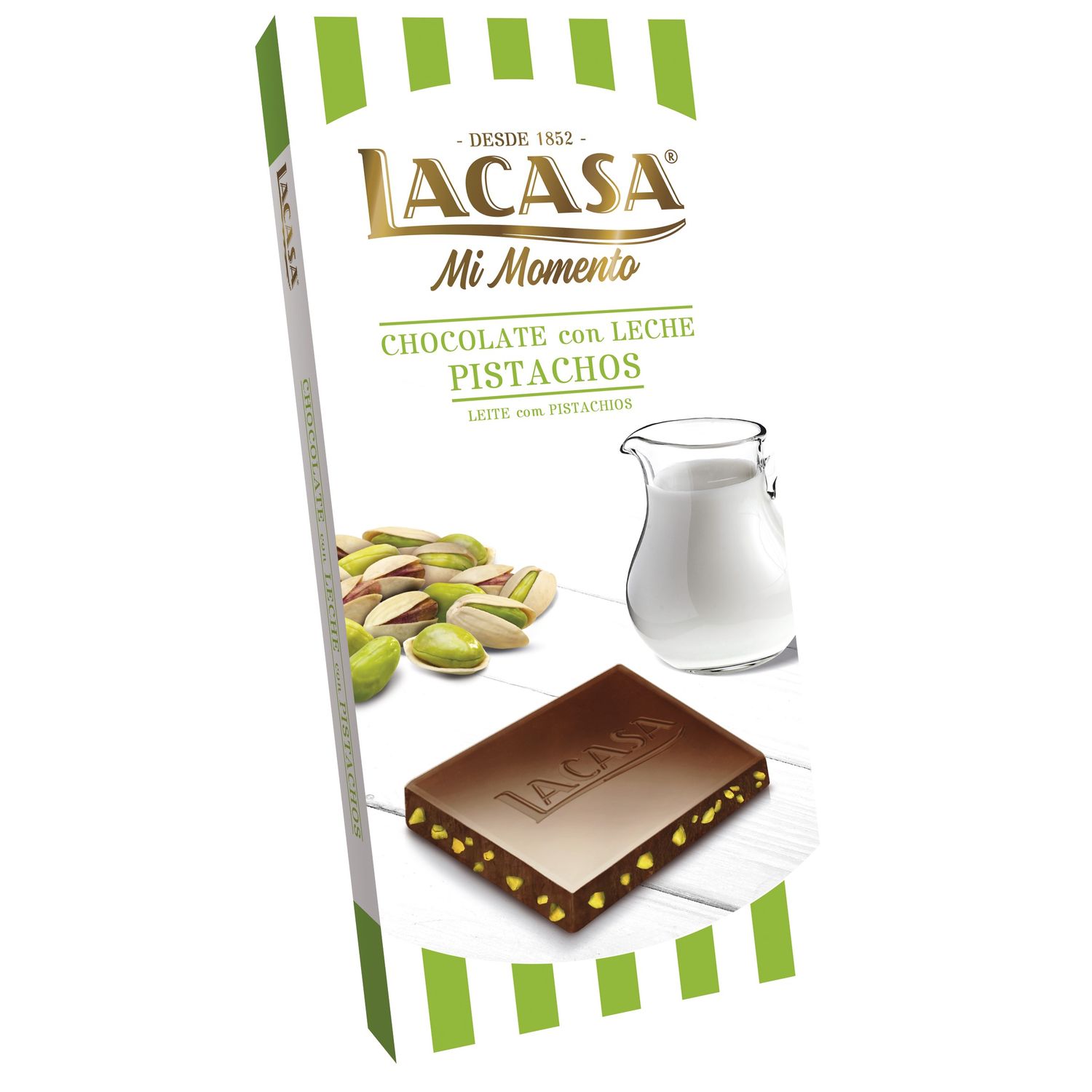 Tableta de chocolate con leche y pistachos LACASA 90 g.