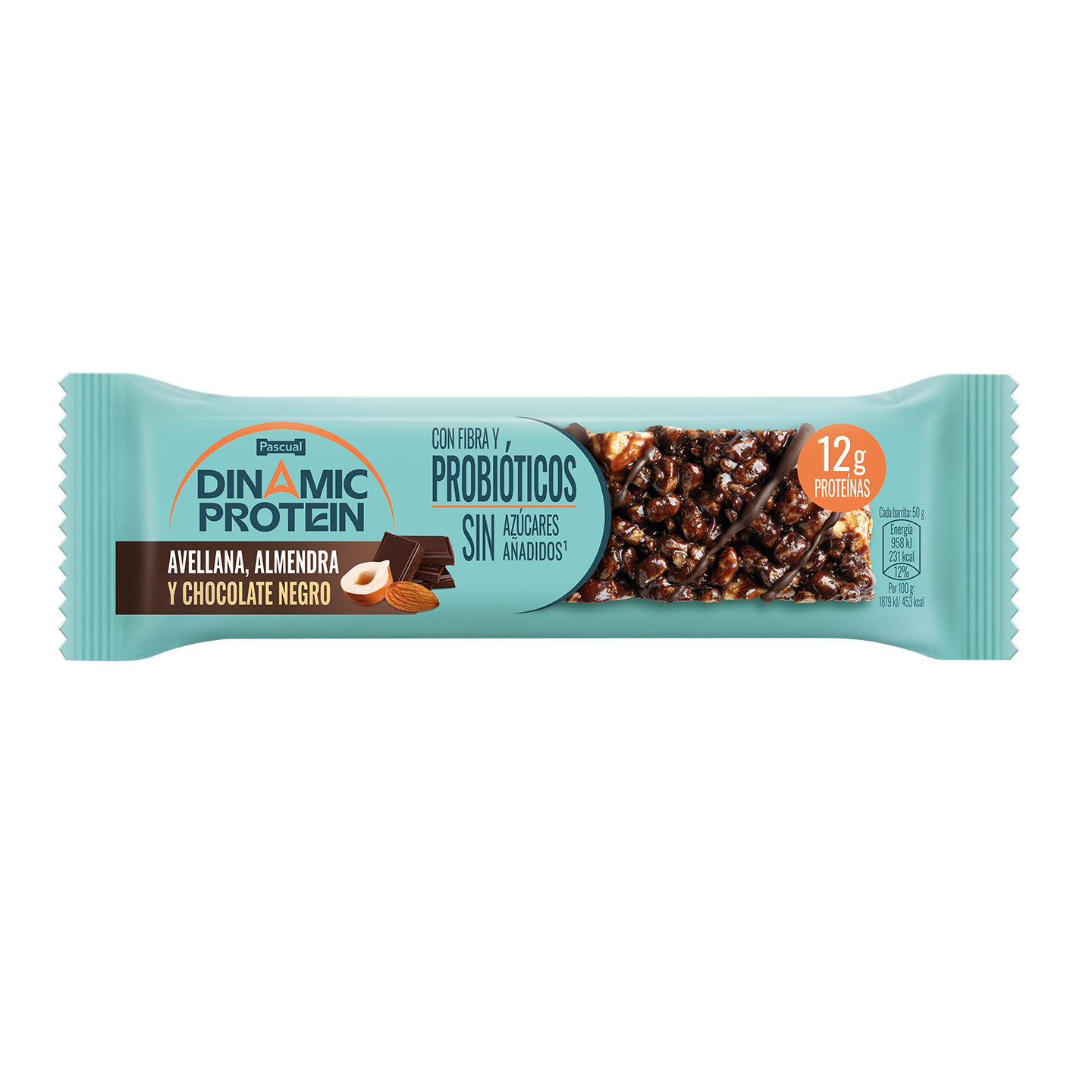 Barritas proteínas chocolate negro, avellana y almendra DINAMIC PROTEIN 50 g.