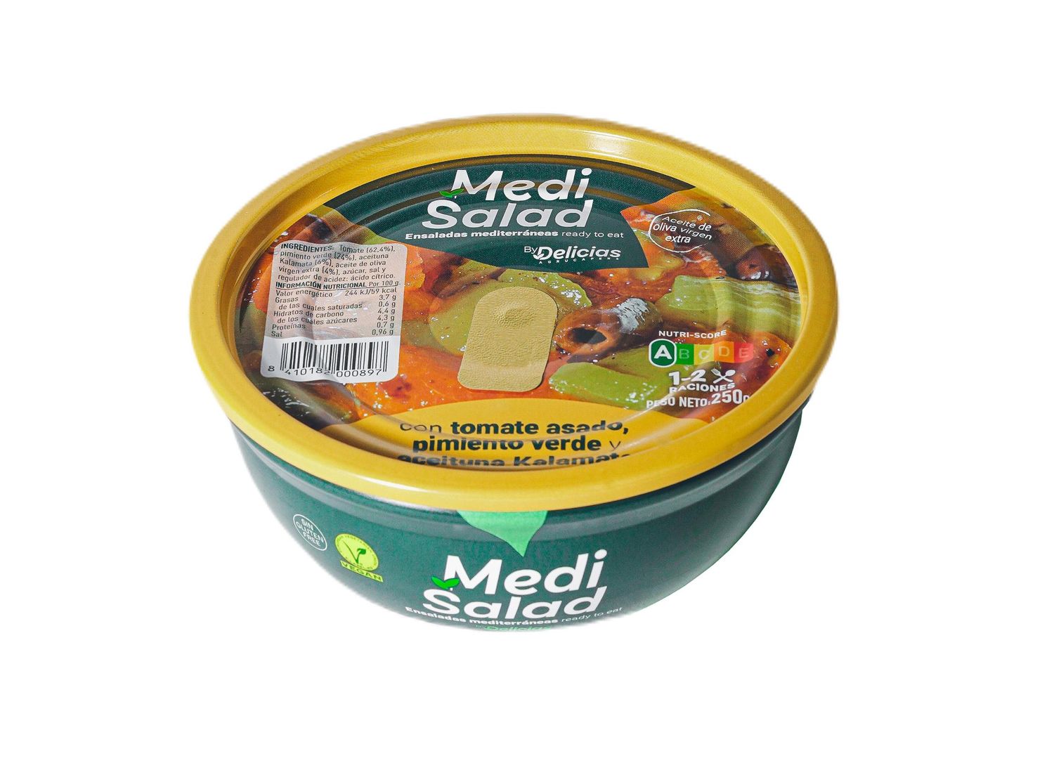 Ensalada con tomate asado, pimiento verde y aceituna kalamata MEDI SALAD 250 g.