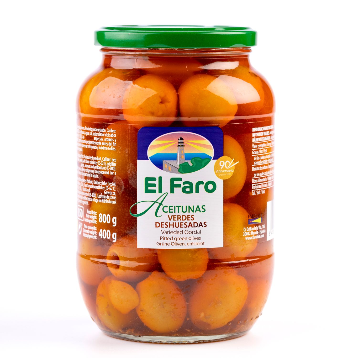 Aceitunas verdes deshuesadas EL FARO 800 g.