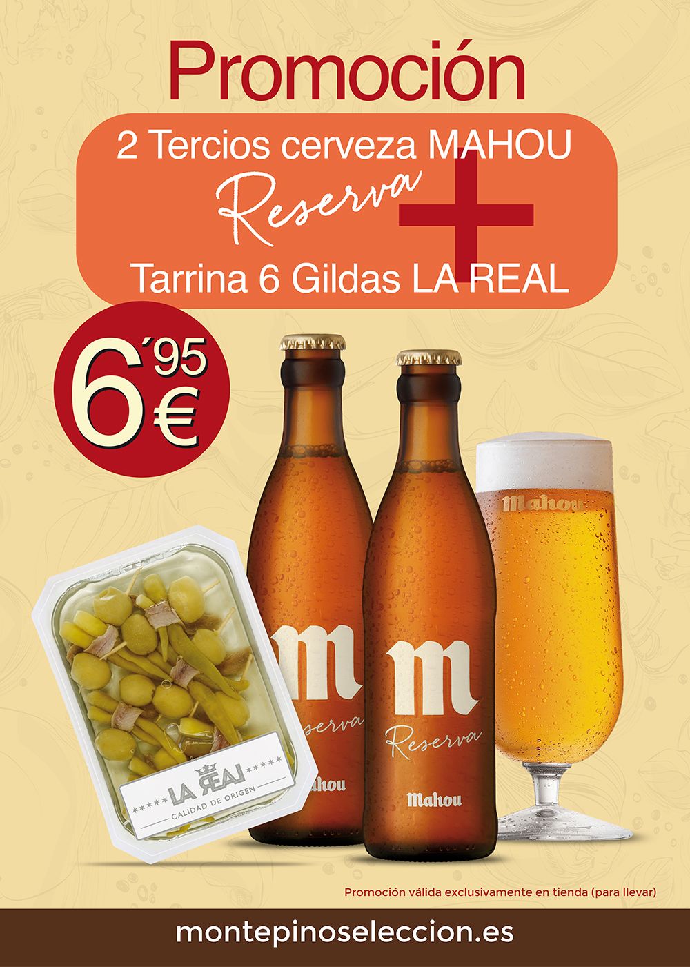 Lote 2 Cervezas reserva MAHOU 33 cl. + 1 Gildas de anchoa LA REAL 6 ud.