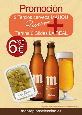 Lote 2 Cervezas reserva MAHOU 33 cl. + 1 Gildas de anchoa LA REAL 6 ud.