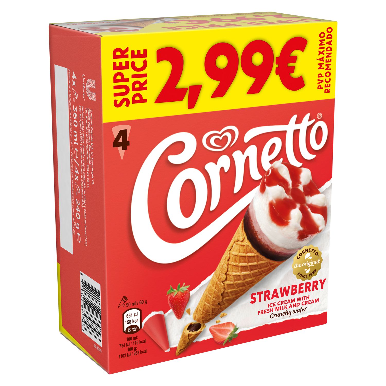 Cono de helado de fresa CORNETTO 4 uds.