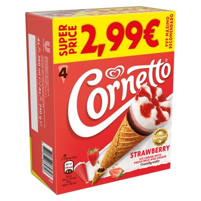 Cono de helado de fresa CORNETTO 4 uds.