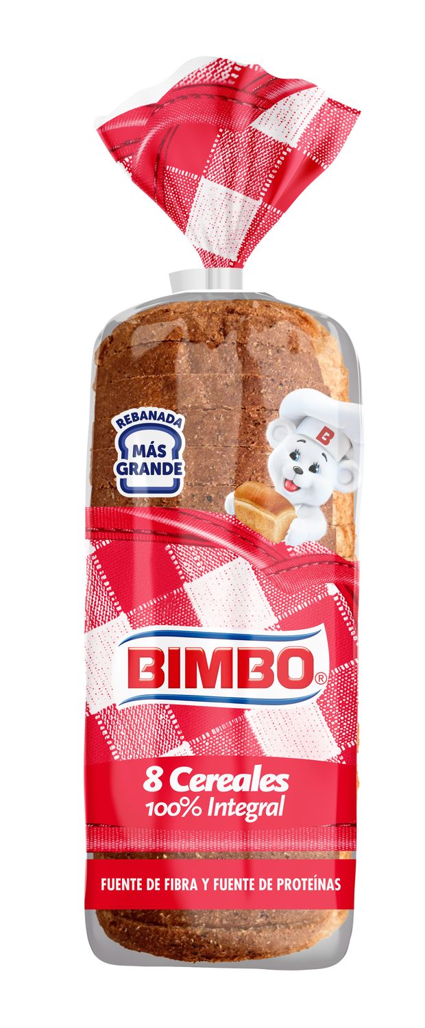 Pan de molde 8 cereales 100% integral rebanada grande BIMBO 650 g.