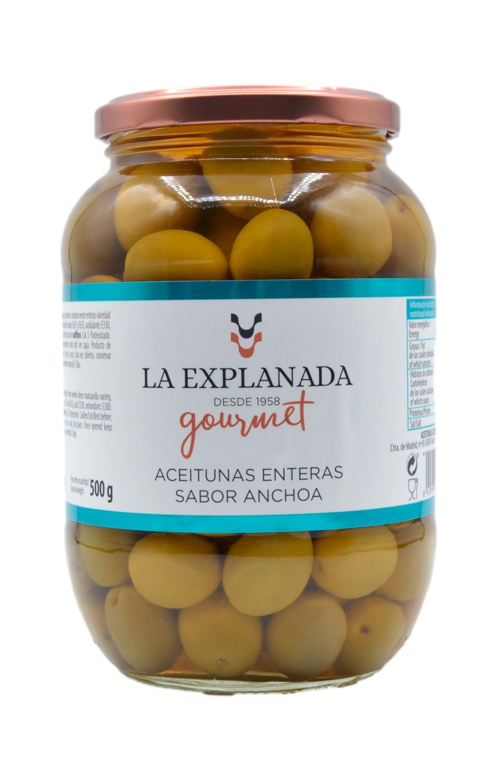 Aceitunas enteras sabor anchoa LA EXPLANADA 835 g.