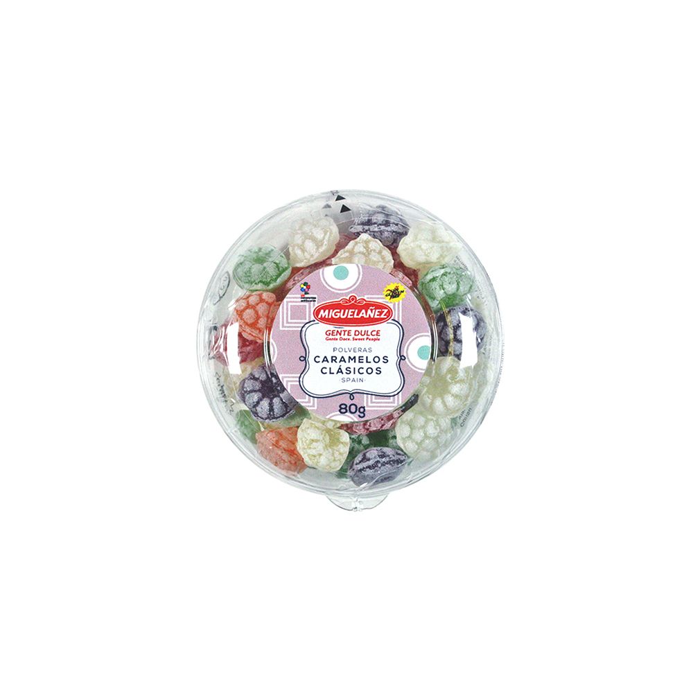 Caramelos duros moras clásicos polveras sin gluten MIGUELAÑEZ 80 g.