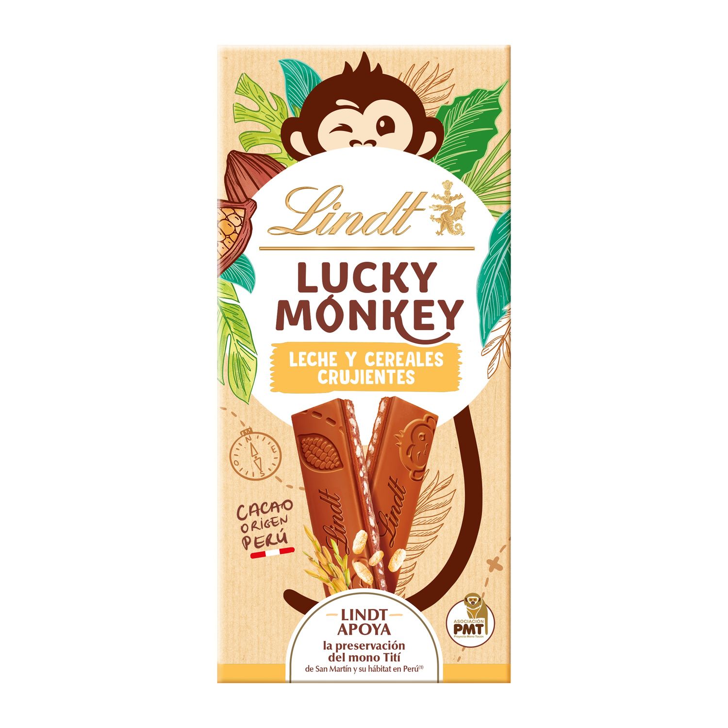 Chocolate con leche y cereales crujientes LUCKY MONKEY LINDT 100 g.