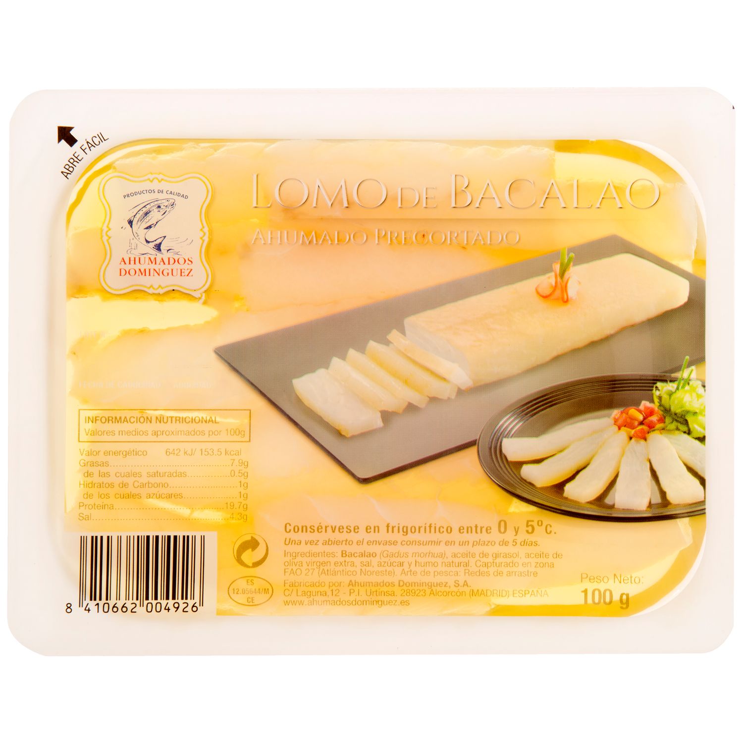 Lomos de bacalao ahumado AHUMADOS DOMINGUEZ 100 g.