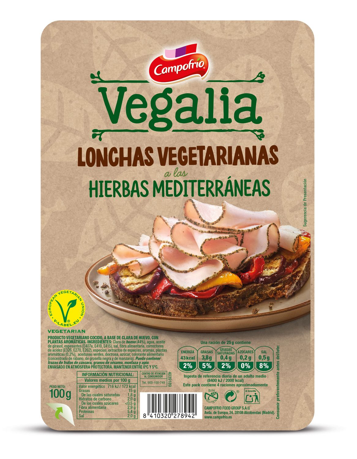 Lonchas vegetarianas a las hierbas mediterráneas VEGALIA de CAMPOFRÍO 100 g.