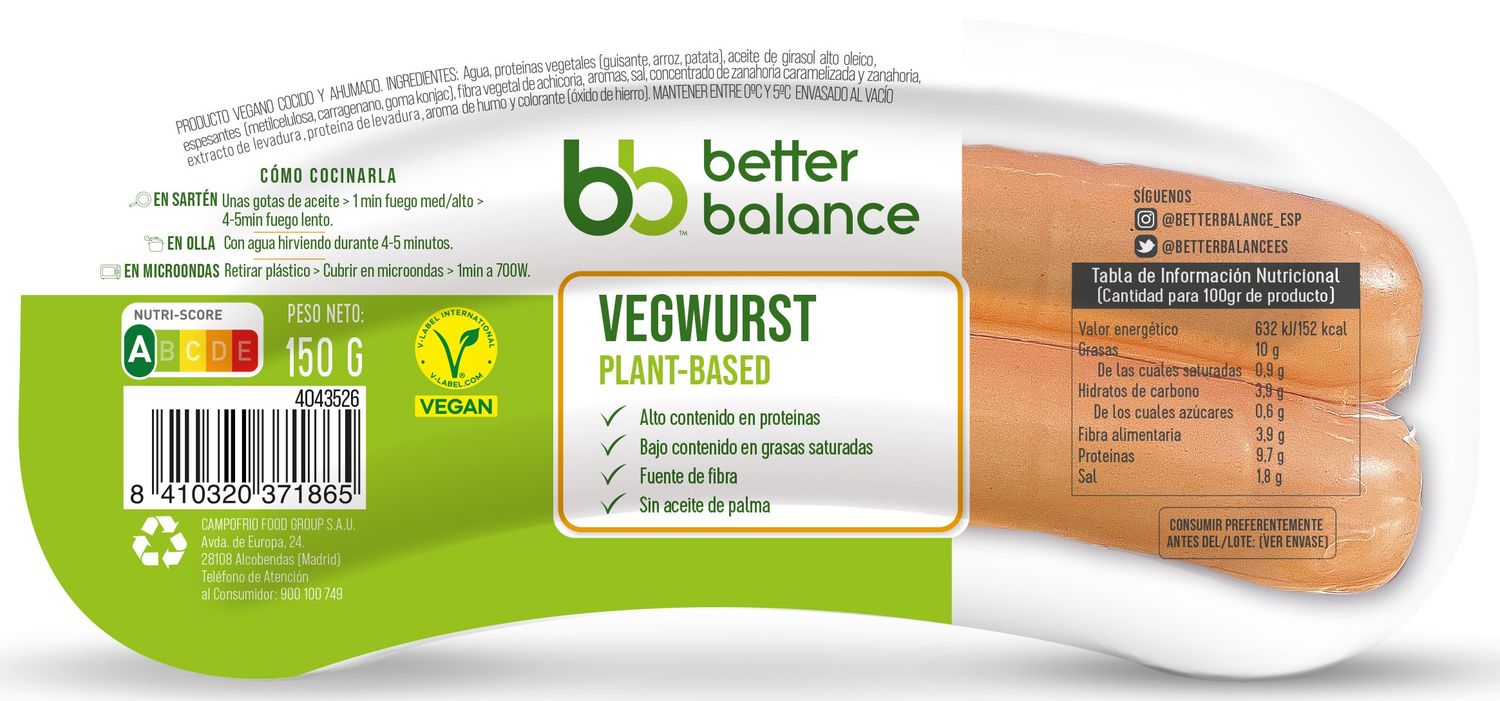 Salchichas vegwurst a base de plantas better balance CAMPOFRÍO 150 g.