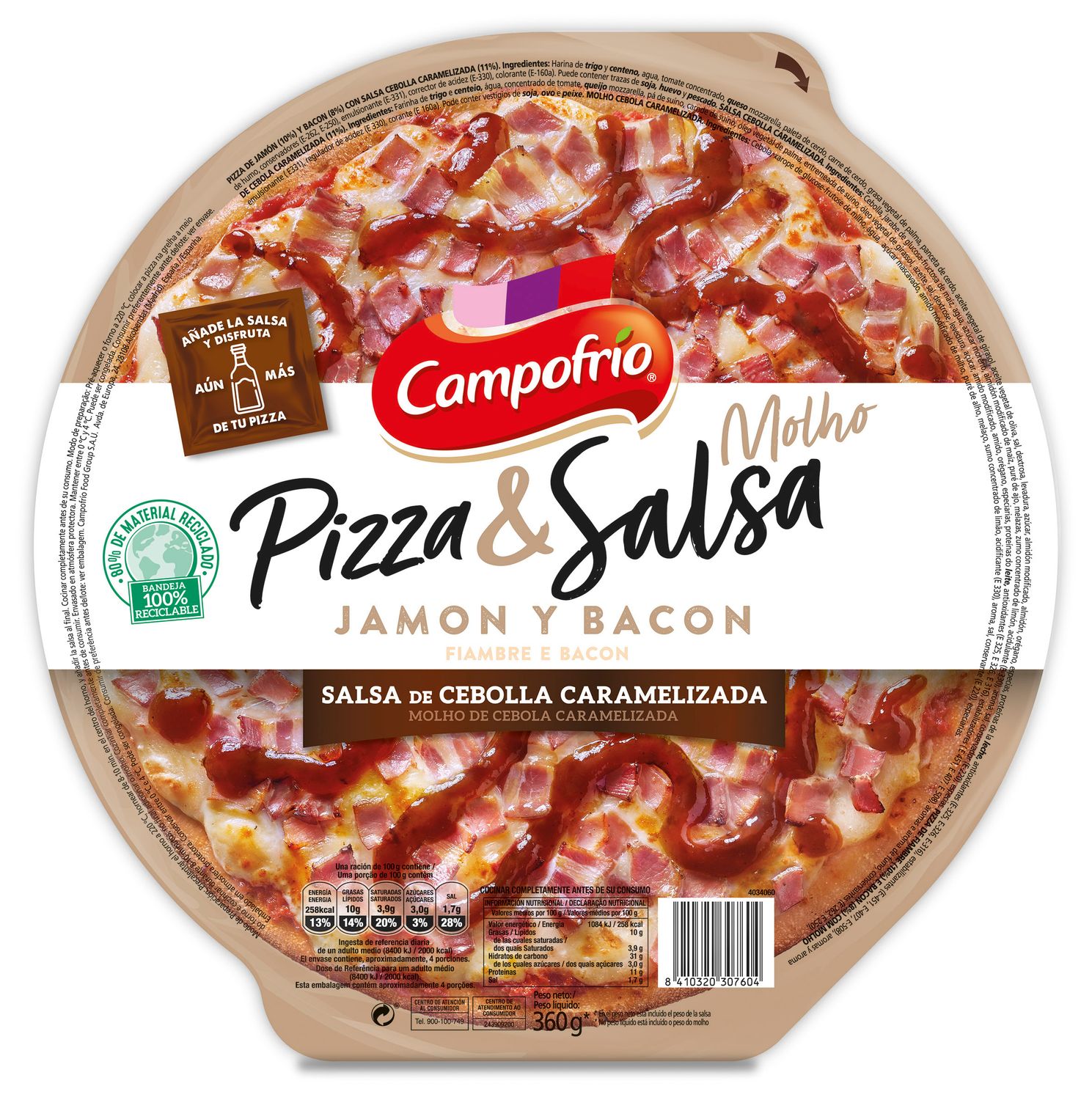 Pizza &amp; salsa jamón y bacon CAMPOFRÍO 360 g.