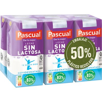 Leche semidesnatada sin lactosa PASCUAL pack 6x200 ml.