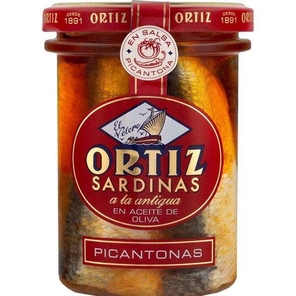 Sardinas a la antigua en aceite de oliva picantonas ORTIZ tarro de cristal 140 g.