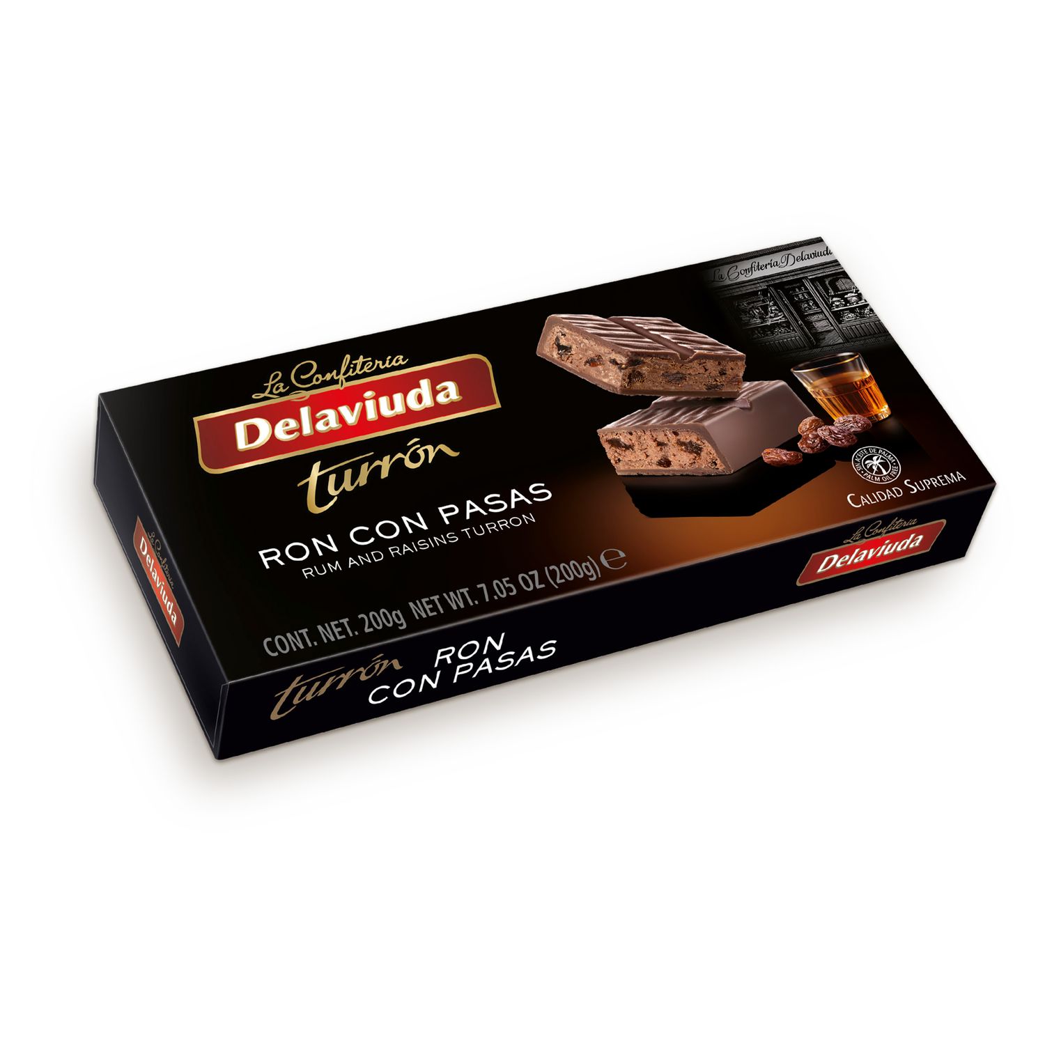 Turrón ron con pasas DELAVIUDA 200 g.
