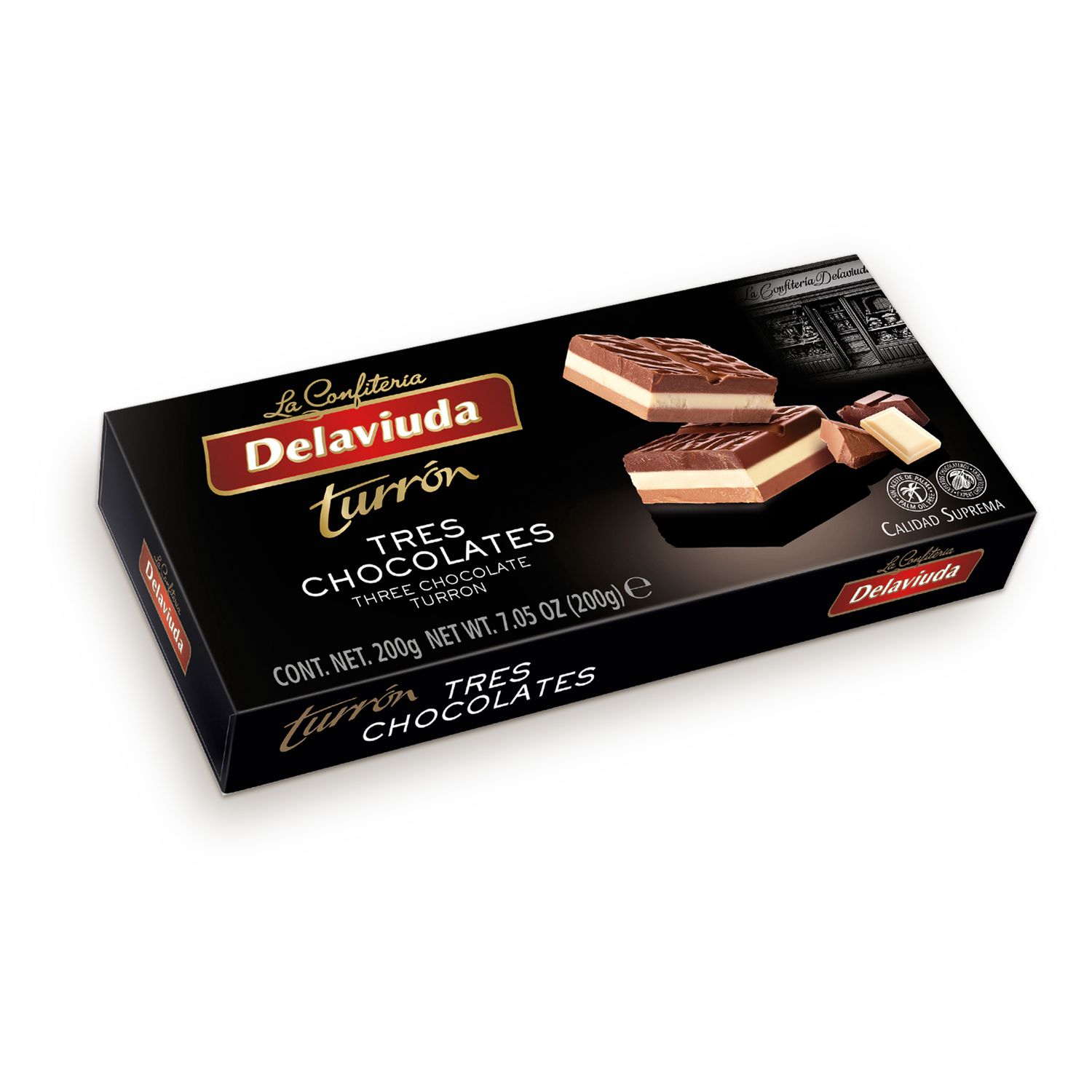 Turrón tres chocolates DELAVIUDA 200 g.