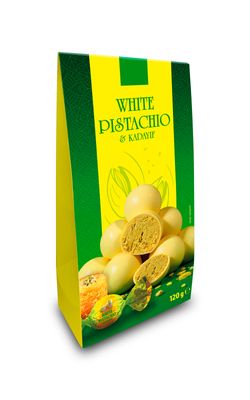 Bombones chocolate blanco relleno de pistacho y kadaif MILLANO 120 g.