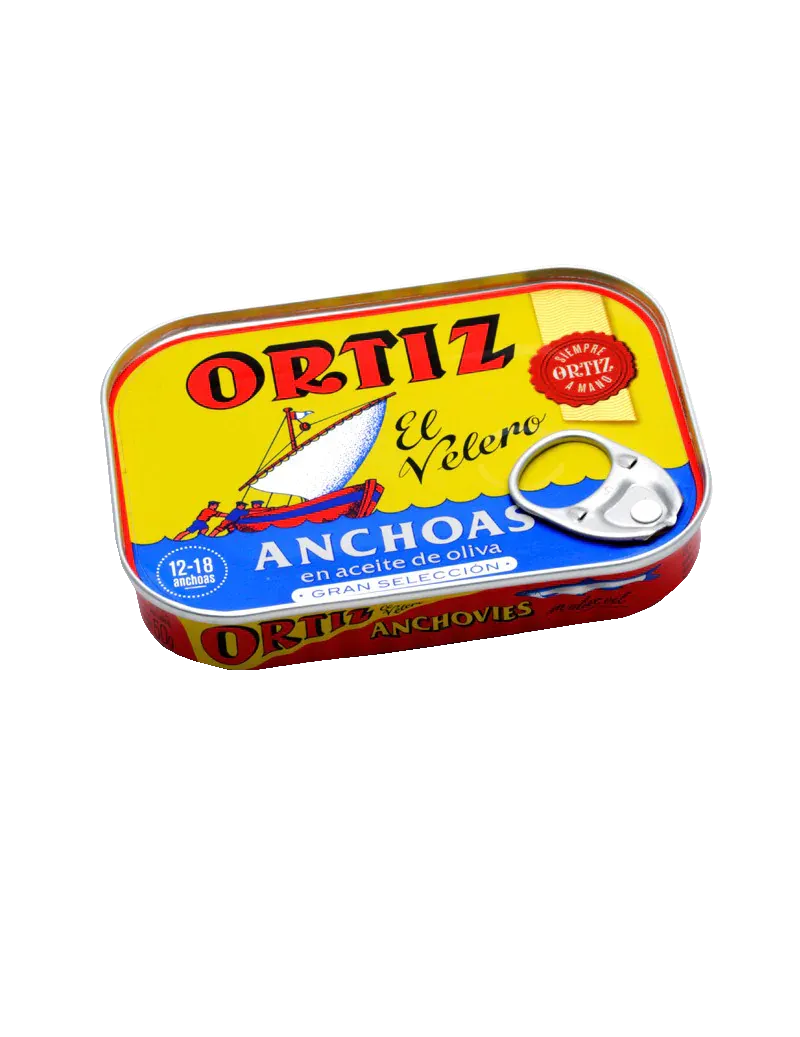 Anchoas en aceite de oliva 12-18 anchoas ORTIZ lata 1/4 rectangular 78 g.