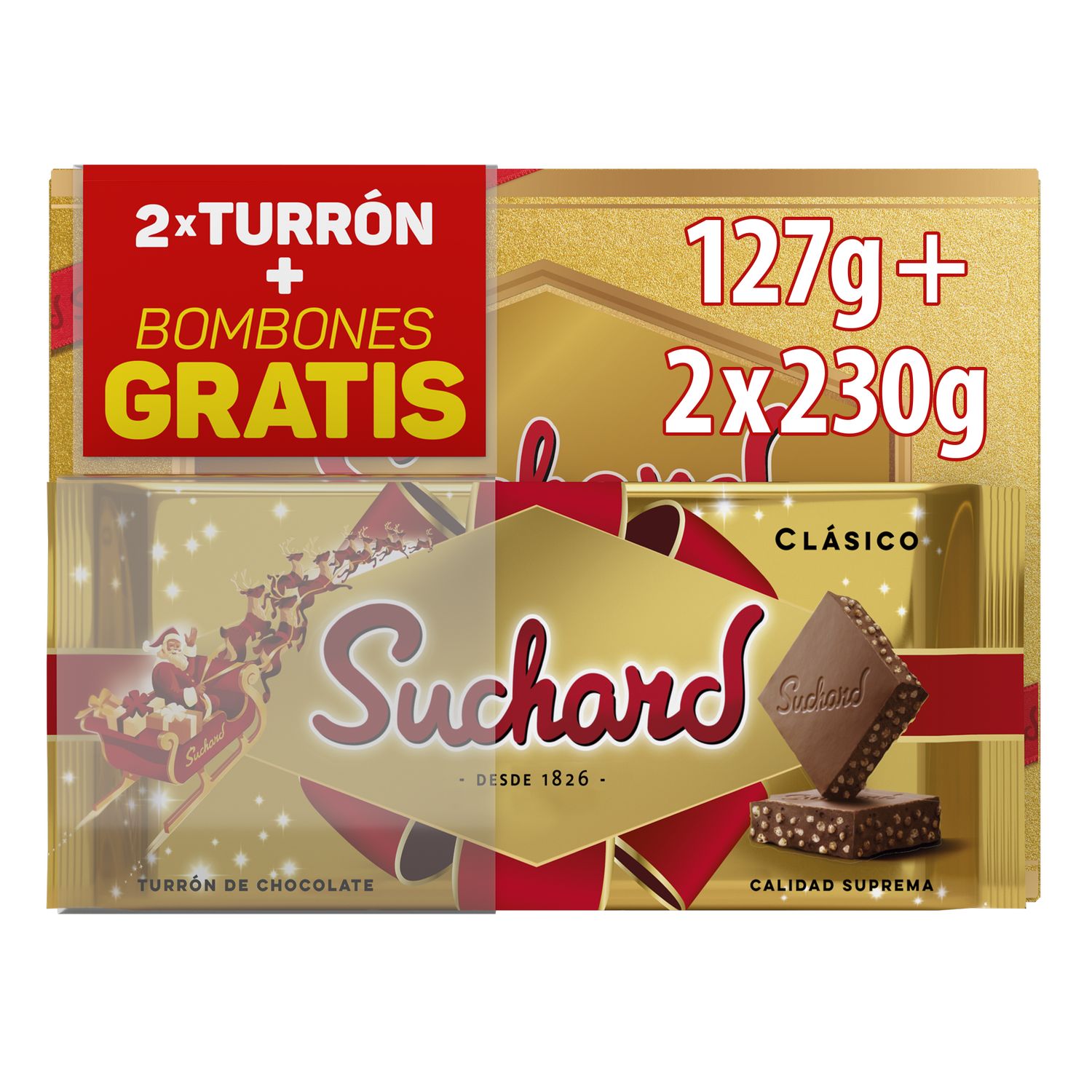2 Tabletas de turrón clásico SUCHARD + bombones gratis 587 g.