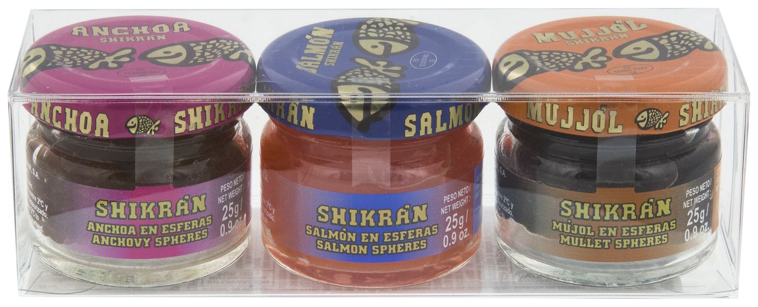 Pack 3 salmón, anchoa y mújol en esferas SHIKRÁN 3 x 25 g.