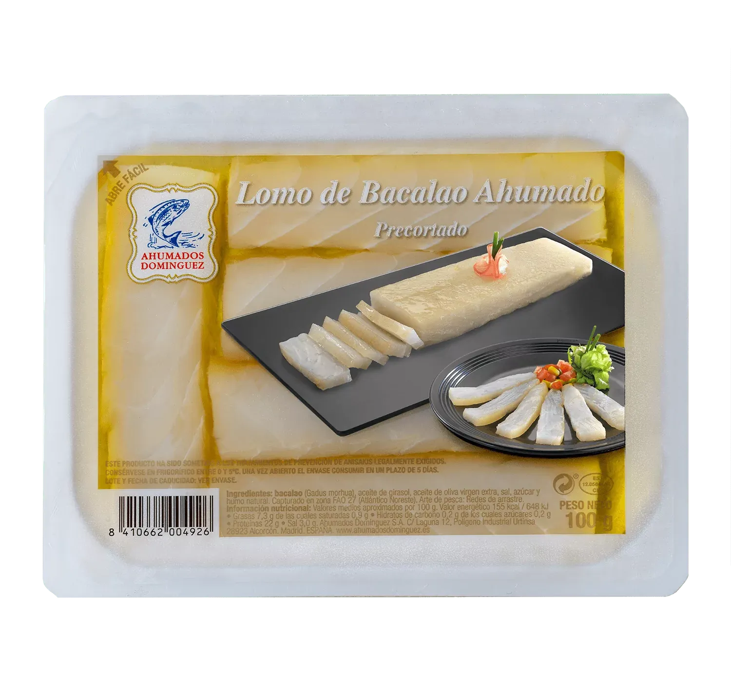 Lomos de bacalao ahumado AHUMADOS DOMINGUEZ 100 g.