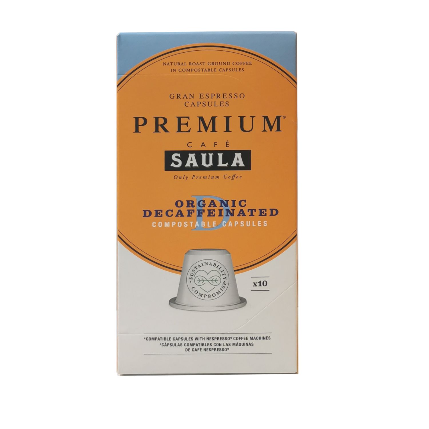 Café en cápsulas gran espresso premium descafeinado SAULA 10 ud.