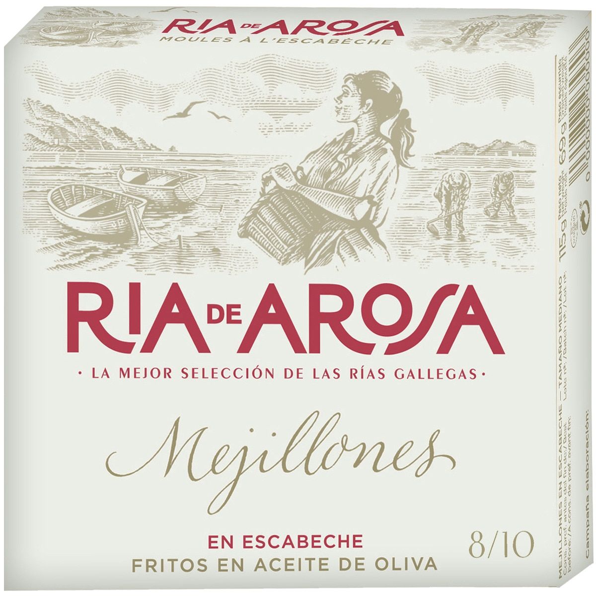 Mejillones en escabeche fritos en aceite de oliva RIA DE AROSA 8/10 115 g.
