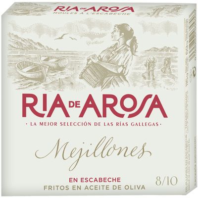 Mejillones en escabeche fritos en aceite de oliva RIA DE AROSA 8/10 115 g.