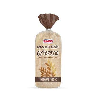 Pan rebanada estilo artesano integral 100% BIMBO 550 g.