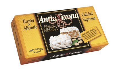Turrón de Alicante ANTIU XIXONA etiqueta negra, tableta 200 g .
