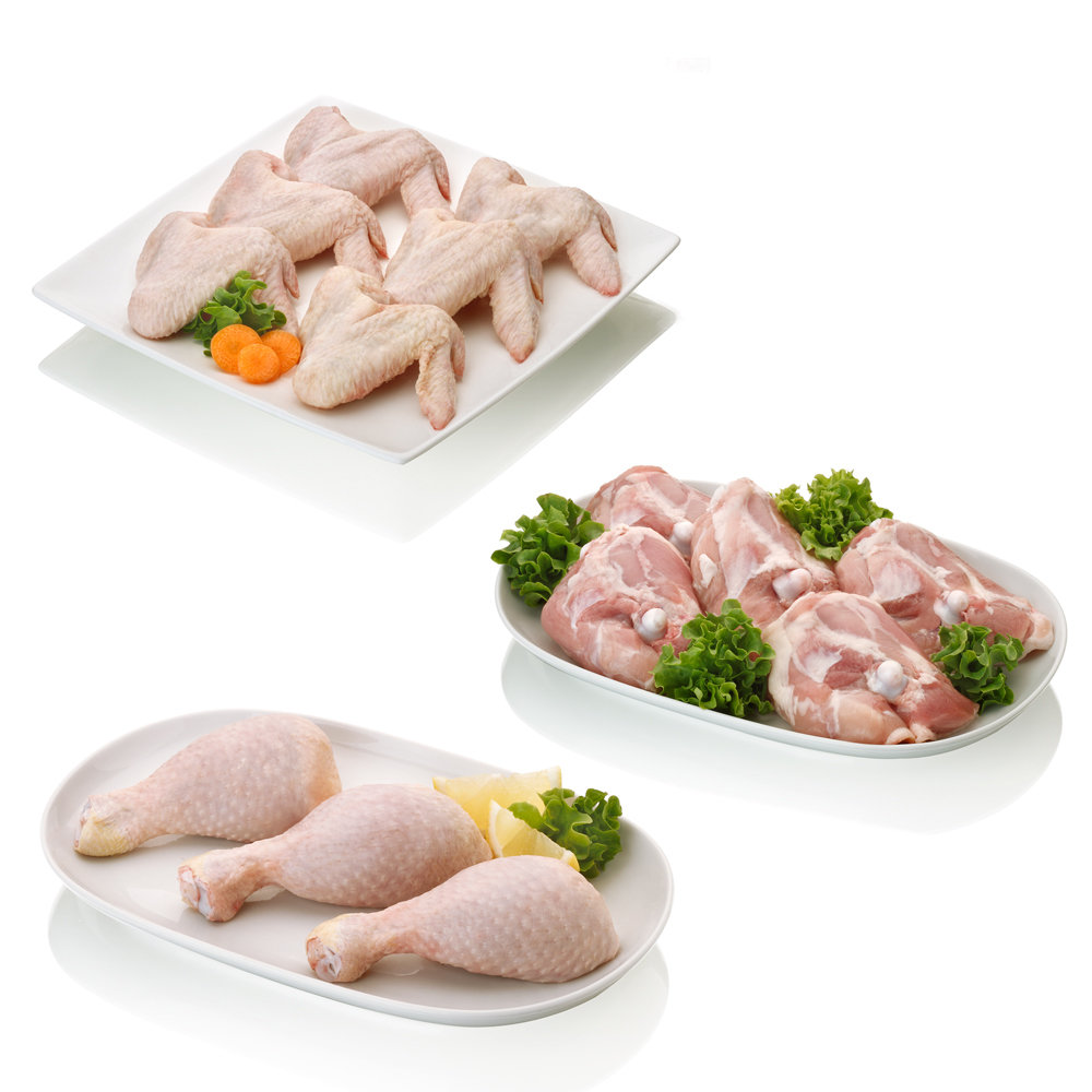 Lote de pollo fresco consistente en: 1 kg. de alas, 1 kg. de jamoncitos y 1 kg. de contramuslos.
