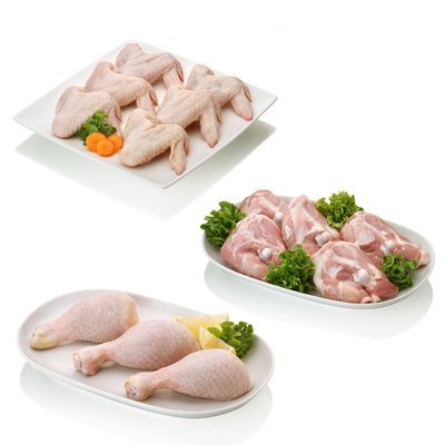 Lote de pollo fresco consistente en: 1 kg. de alas, 1 kg. de jamoncitos y 1 kg. de contramuslos.